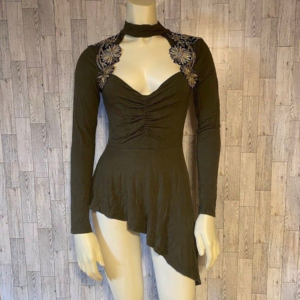 Venus Army Green Sexy Top with Peek-A-Boo and Shoulder Embellishment Size Small